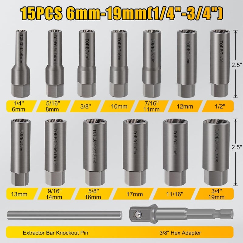 Topec 15PCS Deep Bolt Extractor Kit, 6mm-19mm Nut Extractor Socket Set, 3/8" Drive Rounded Bolt Remover, Spark Plug Extractor Tool for Broken, Stripped, Damaged, Rusted Stud and Bolt Nuts - Image 3
